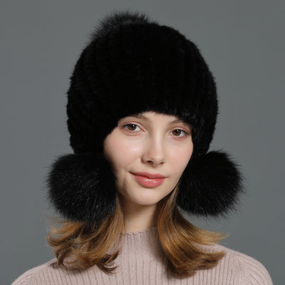 Gorro Coreano con Pompón de Piel de Zorro para Mujer