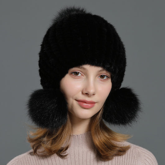 Gorro Coreano con Pompón de Piel de Zorro para Mujer