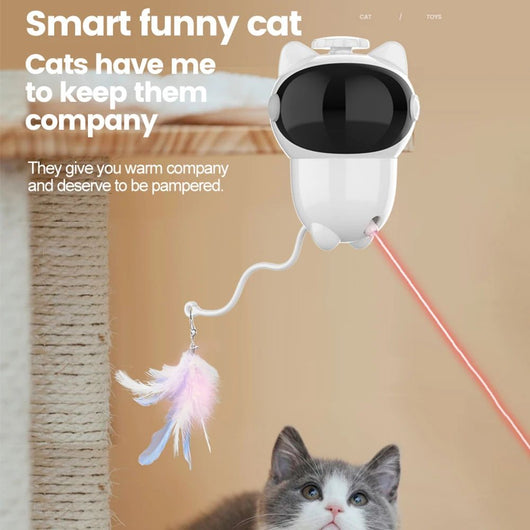 White cat-shaped intelligent laser toy with a black visor and a colorful feather wand attachment for pets. - Image 18