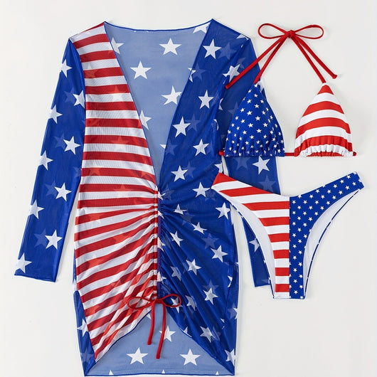 Women's three-piece swimsuit with American flag print, including a halter bikini and a long-sleeved mesh cover-up. - Image 5