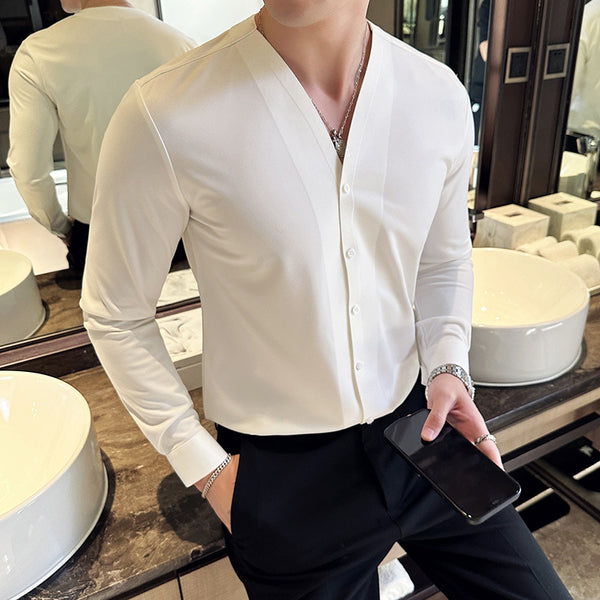 Camisa de Cuello V Manga Larga con Textura Waffle para Hombre