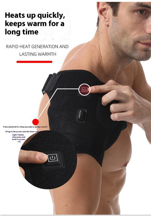 Man wearing a black electric heating shoulder pad with adjustable straps for therapeutic warmth and support. - Image 8