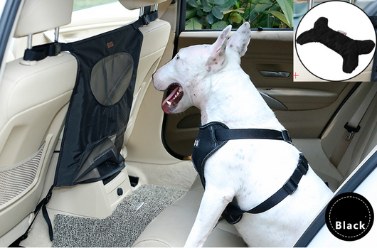 Grey pet car fence installed in a car's rear seat, separating the front and back, with a white Bull Terrier. - Image 6