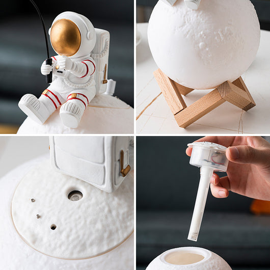 Astronaut figurine sitting on a glowing moon lamp, holding a fishing rod with a star charm, on a wooden stand. - Image 4