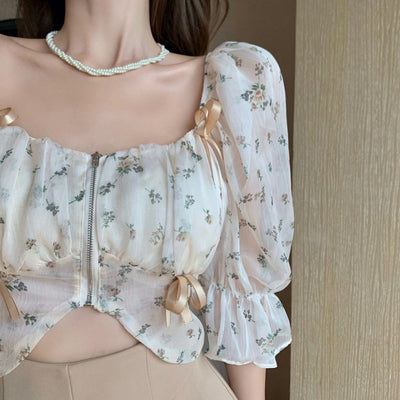 Blusa Hada Dulce con Manga Abullonada y Hombros Descubiertos en Chifón Floral - Image 11