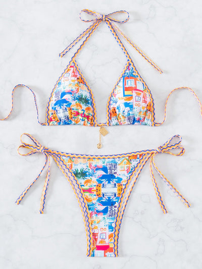 Red floral print triangle cup bikini set with matching bottom, featuring a small gold charm on the top. - Image 21