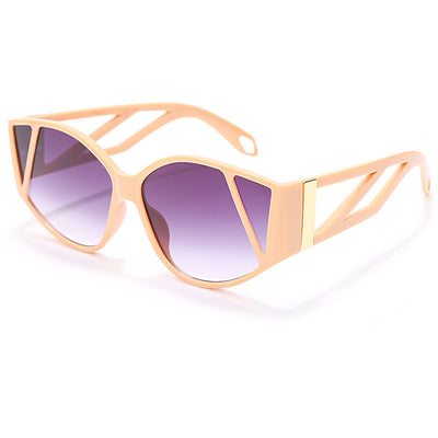 Light peach cat-eye sunglasses with purple gradient lenses and geometric cutouts on the frame. - Image 17