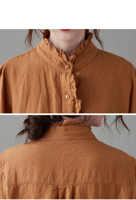Blusa Retro de Algodón y Lino Talla Grande Mujer Blanca Casual Manga Larga con Encaje - Image 10