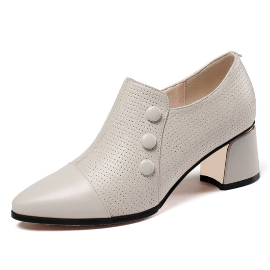 Zapatos de Tacón Grueso Punta Fina Talla Grande Mujer - Blanco Crema - Image 5