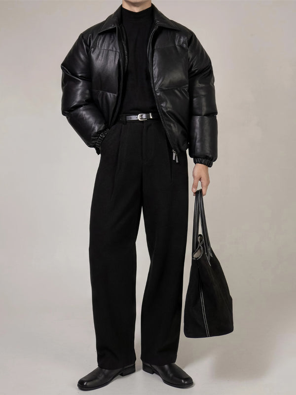 Chaqueta Acolchada de Cuero PU con Cuello Alto y Relleno Extra