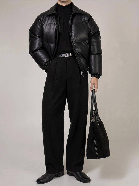 Chaqueta Acolchada de Cuero PU con Cuello Alto y Relleno Extra