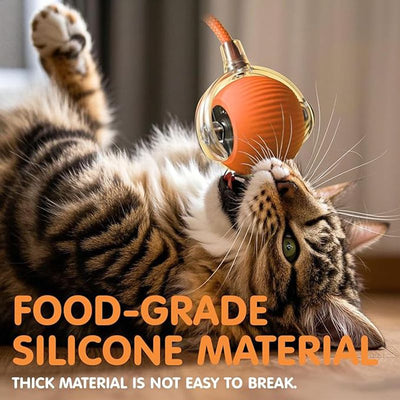 Blue and clear interactive cat ball toy with a rope, shown with three playful cats in the background. - Image 23
