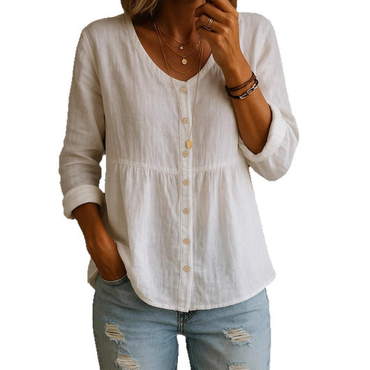 Camisa Holgada de Algodón y Lino con Cuello V y Botones - Image 5