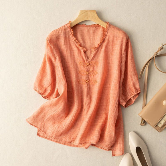 Blusa de Algodón y Lino Bordada con Cuello en V y Manga Corta