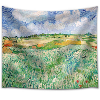 Polyester tapestry with a print of a landscape painting featuring green fields, haystacks, a red barn, and a cloudy blue sky.