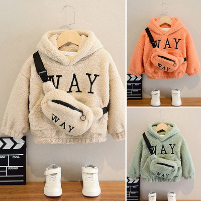 Beige fleece hoodie with 'WAY' text on front, paired with a matching fanny pack, for kids. - Image 4