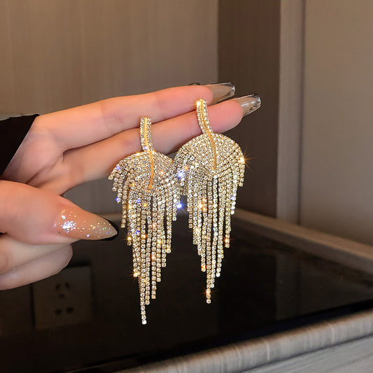 Aretes Colgantes Elegantes de Hoja y Borla con Cristales