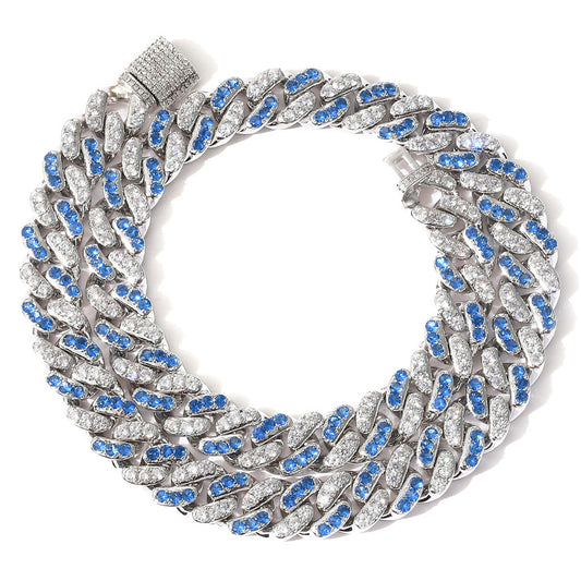 Cadena Cubana de Circonio Blanco y Aguamarina de 12mm