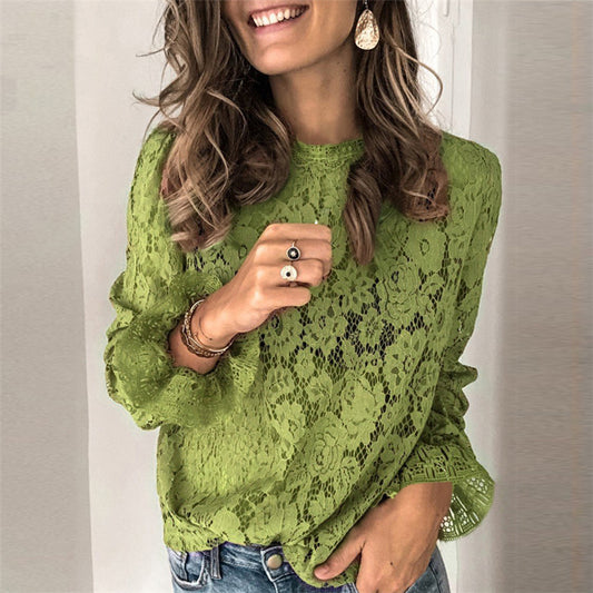 Blusa Manga Larga con Encaje Hueco - Diseño Elegante para Mujer