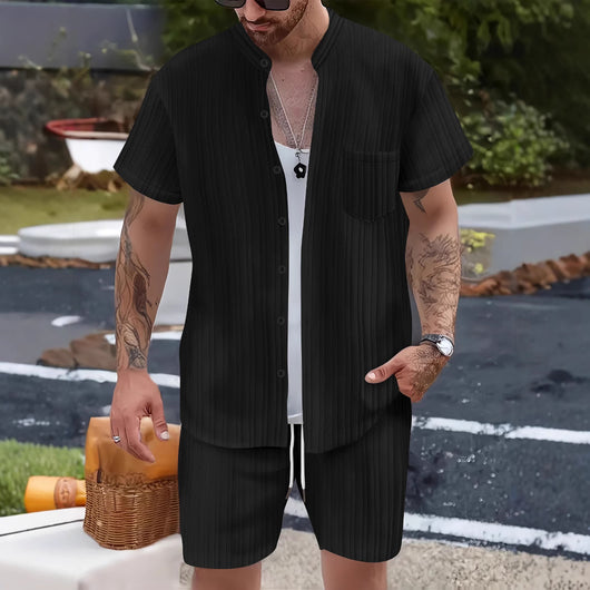 Conjunto Casual de 2 Piezas: Camisa Cuello Parado y Shorts para Hombre - Image 3