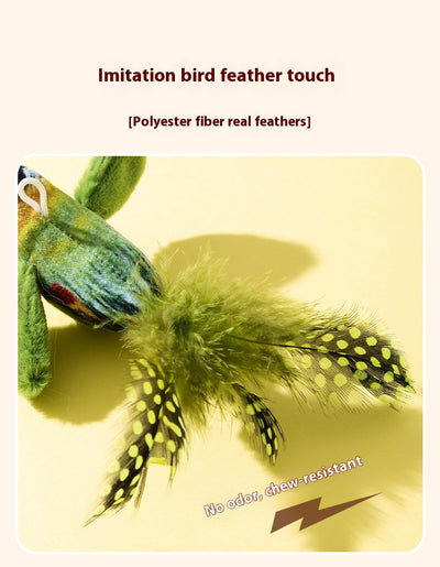 Plush bird cat toy with orange chest, grey body, feathered tail, and an elastic string for interactive play. - Image 15