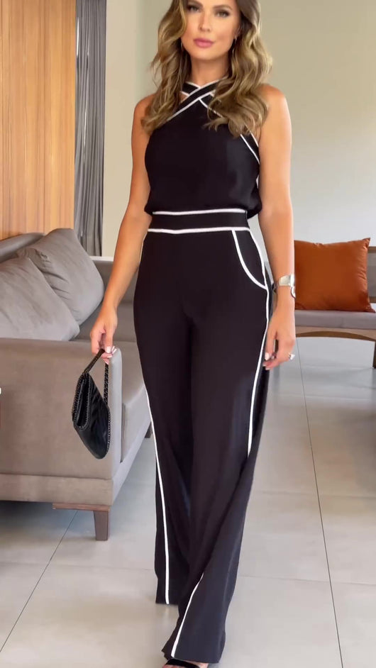 Traje Palazzo con Halter y Contraste de Colores - Image 9