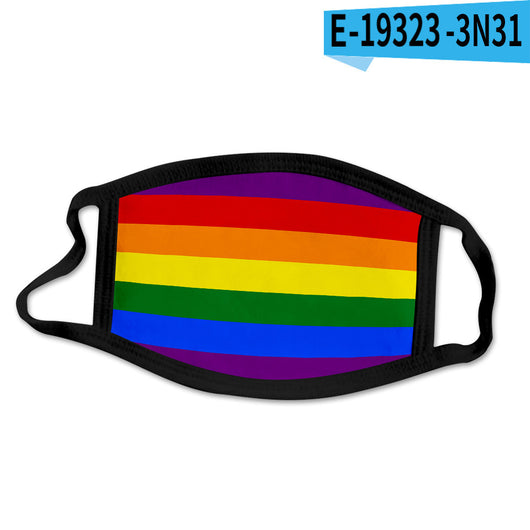 Rainbow camouflage face mask with horizontal stripes of red, orange, yellow, green, and blue, bordered by black fabric. - Image 3