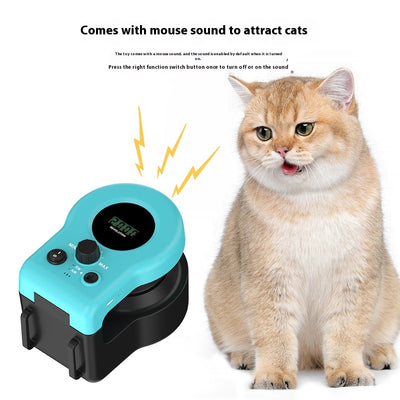 Blue and black cat weight loss remote control sound toy with string and feather, shown with a tabby cat playing. - Image 5