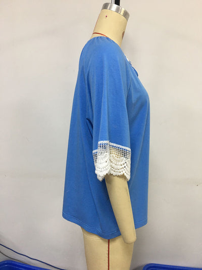 Blusa Étnica con Cuello de Encaje y Manga Corta Suelta - Image 10