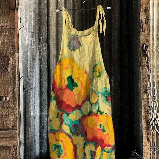 Pantalones de Lino y Algodón con Tirantes Estampados para Mujer