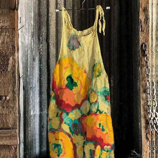Pantalones de Lino y Algodón con Tirantes Estampados para Mujer