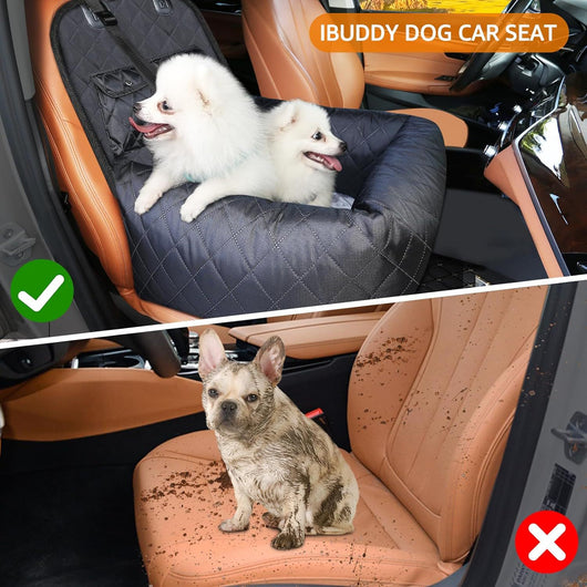 Black quilted pet car seat protector with two happy white fluffy dogs, secured to a brown leather car seat. - Image 5
