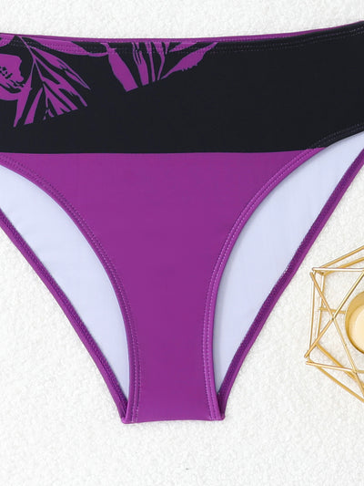 Women's two-piece swimsuit with black and purple floral print. Features a V-neck sports bra top and mid-rise bottom. - Image 11