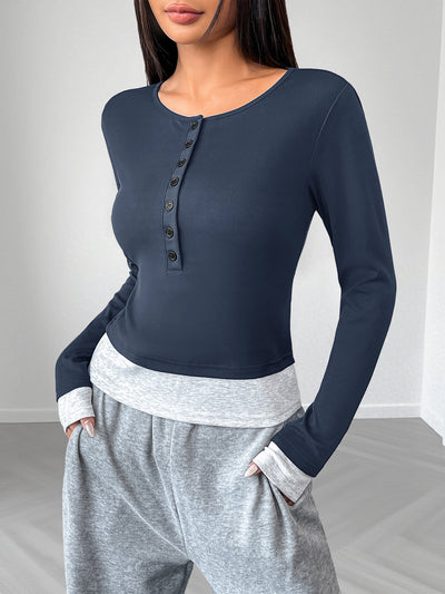 Blusa Casual Cuello Redondo Ajustada Manga Larga Efecto Dos Piezas para Mujer - Image 15