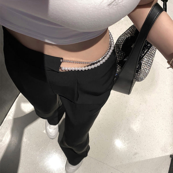 Pantalón de Pierna Ancha con Cintura Alta y Cadena de Strass