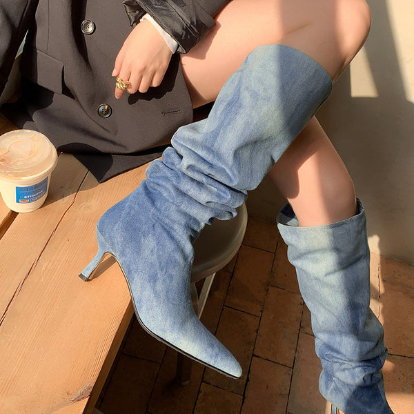 Botas Vaqueras de Tacón Alto Punta Afilada Tubo Ancho Denim Azul