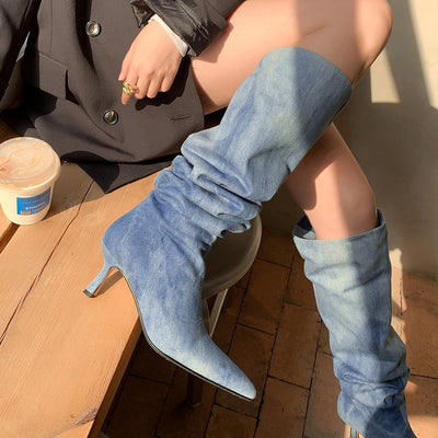 Botas Vaqueras de Tacón Alto Punta Afilada Tubo Ancho Denim Azul
