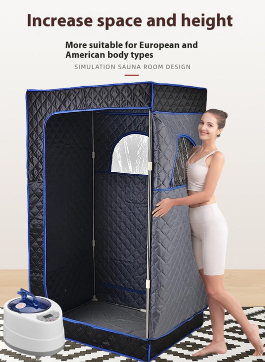 Portable brown quilted full body sauna room with steam generator, remote control, and accessories on a white background. - Image 11