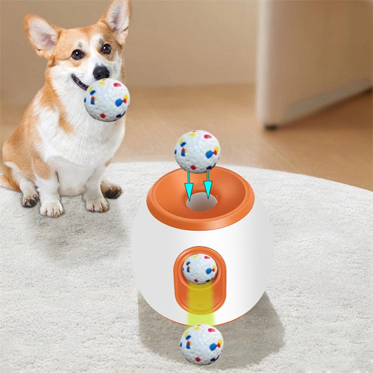 Orange and white pet intelligence ball dispenser with three foam balls, designed as a dog toy. - Image 9