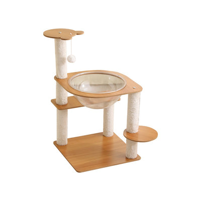 Multi-layer cat tree with a plush top bed, clear space capsule, wooden cat house, sisal scratching posts, and climbing stairs. - Image 5