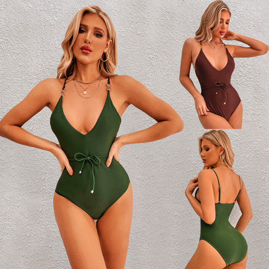 Traje de Baño Enterizo con Escote en V y Tirantes Ajustables