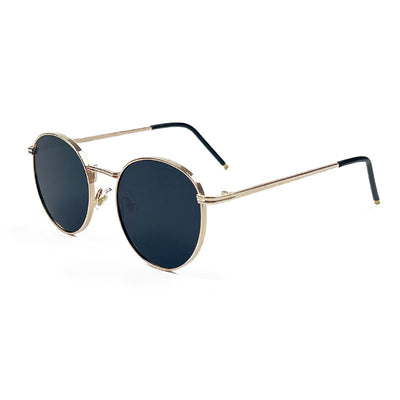 Round red lens sunglasses with a gold metal frame and black temple tips on a white background. - Image 14