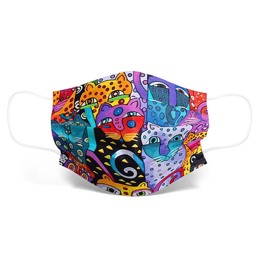 Disposable face mask with a colorful, artistic cartoon cat print and white ear loops. - Image 7