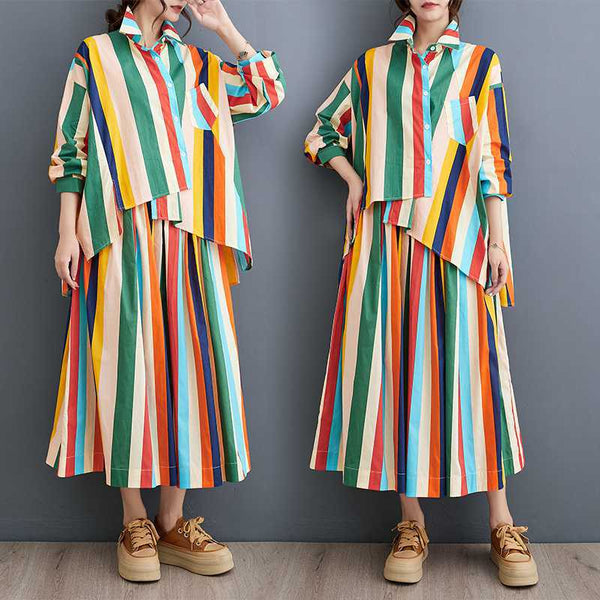 Conjunto de Falda y Blusa Artística con Rayas Irregulares y Dobladillo Amplio