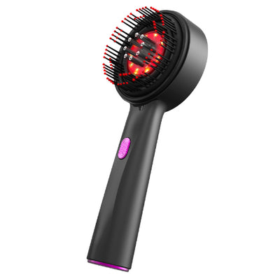 Black electric massage comb with red light therapy, black bristles, and a purple power button on a white background. - Image 7