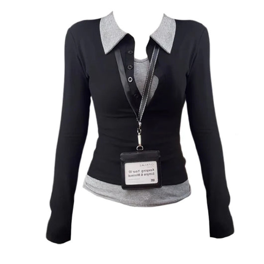 Blusa Falsa Dos Piezas Ajustada Contraste de Colores Manga Larga Mujer - Image 5