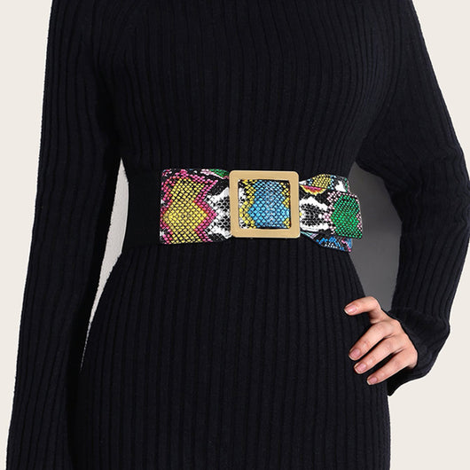 Cinturón Elástico Decorativo para Mujer con Patrón de Serpiente Verde