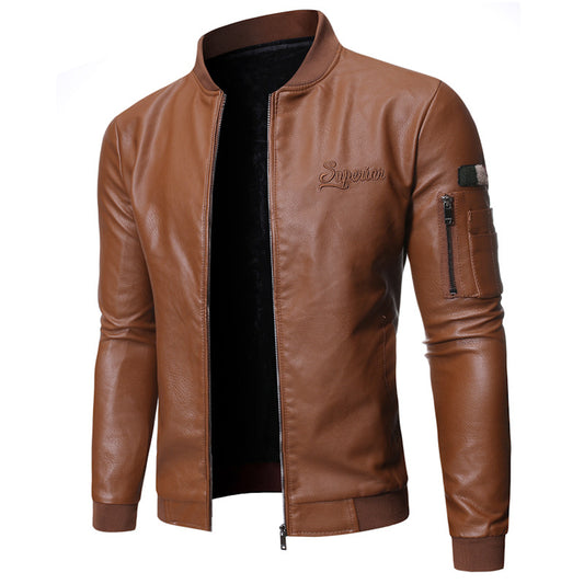 Chaqueta de Cuero Lavado para Hombre con Cuello Tipo Smoking