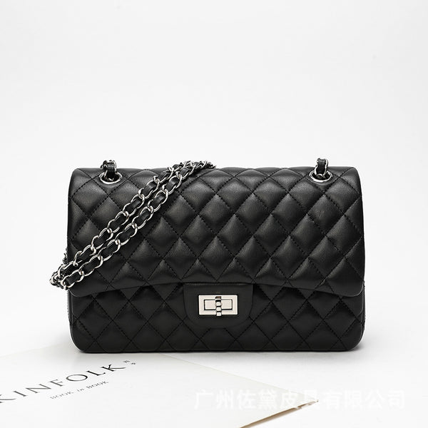 Bolso de Cuero Negro con Cadena de Diamantes para Mujer