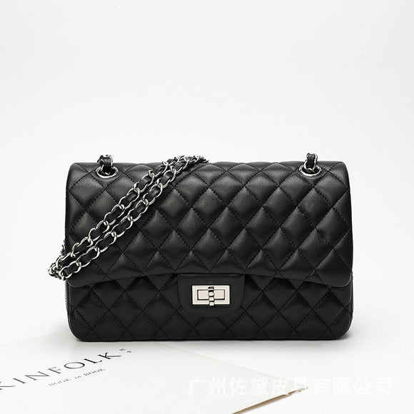 Bolso de Cuero Negro con Cadena de Diamantes para Mujer